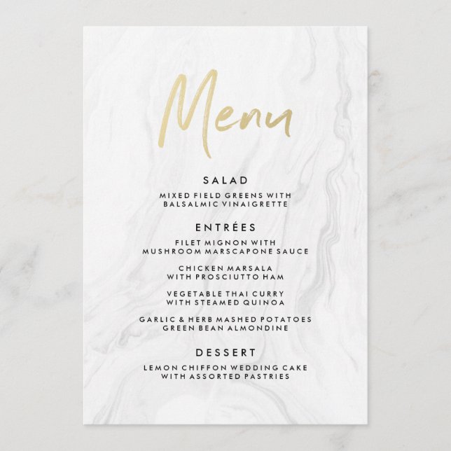 Menu Cardápio de Casamento Moderno Mármore Branco Doura (Frente)