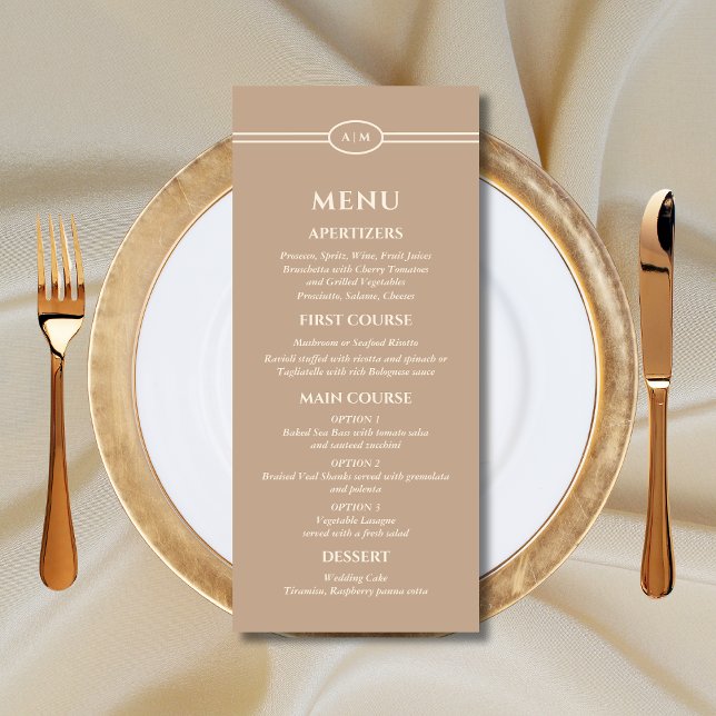 Menu Cardápio de Casamento Monograma Moderno Creme Taup (Criador carregado)