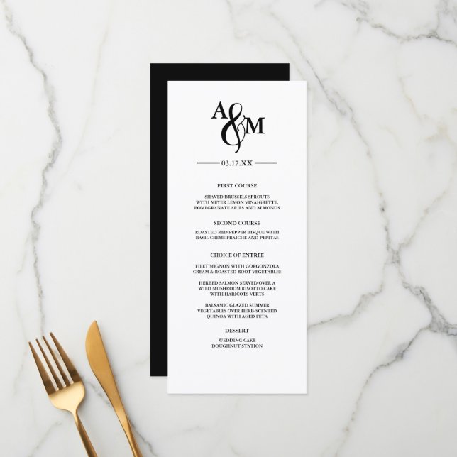 Menu Cardápio de Casamento Monograma Preto e Branco Mod (Frente/Verso In Situ)