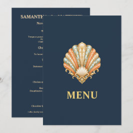 Menu Cardápio de Casamento na Praia Blue Gold Seashell