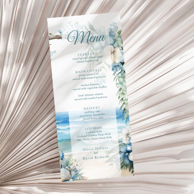 Menu Cardápio de Casamento na Praia com Arco Tropical A (Watercolor Blue Tropical Arch Beach Wedding Menu on a sunny neutral dry palm leaf.)