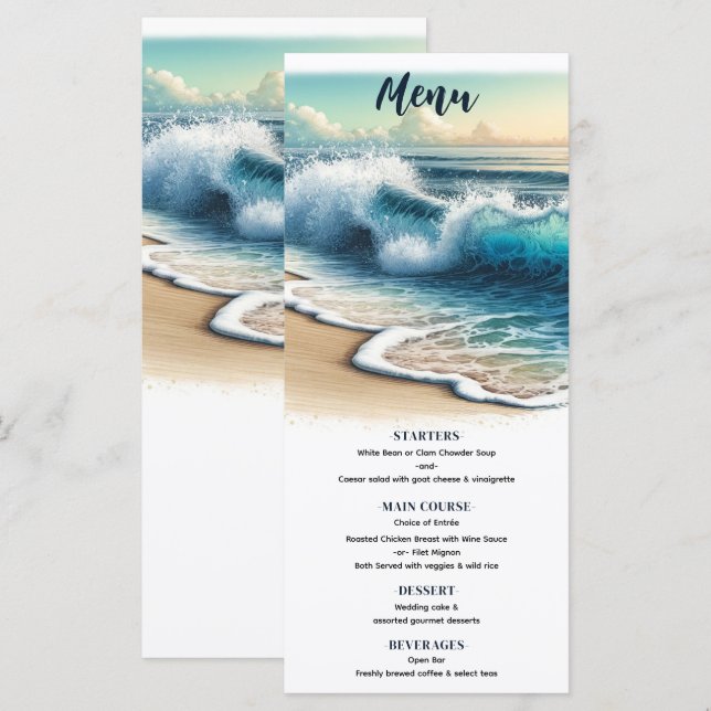 Menu Cardápio de Casamento na Praia com Ondas do Oceano (Frente/Verso)