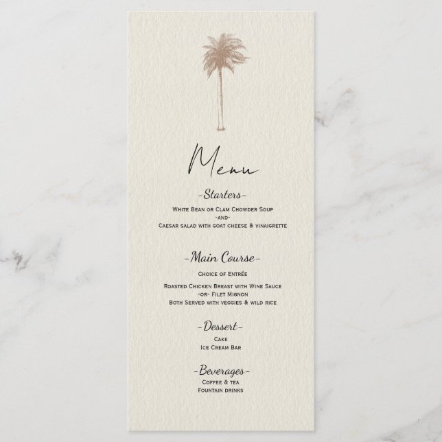 Menu Cardápio de Casamento na Praia com Palmeira Marrom (Frente)