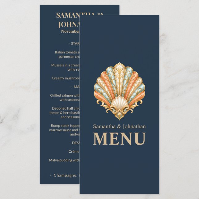 Menu Cardápio de casamento na praia luxo concha de molu (Frente/Verso)