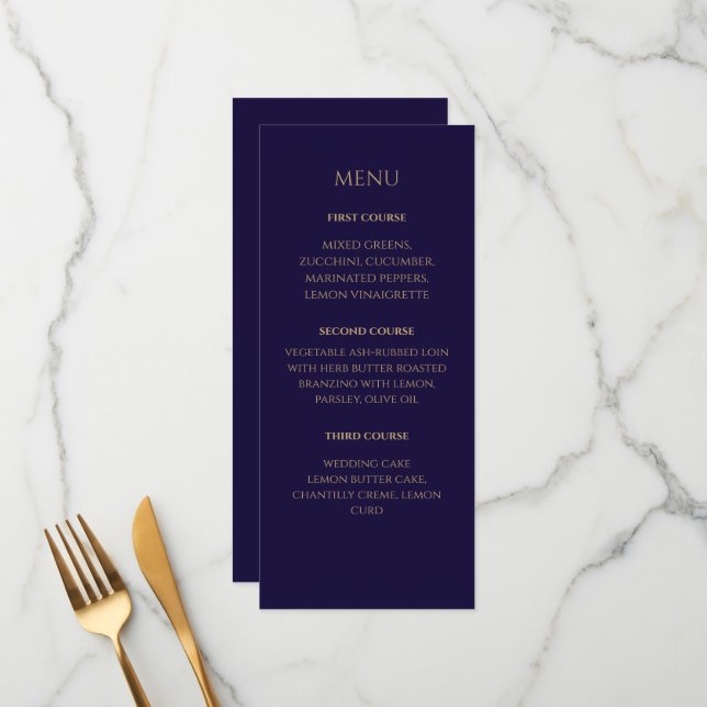 Menu Cardápio de casamento Navy Elegante (Frente/Verso In Situ)
