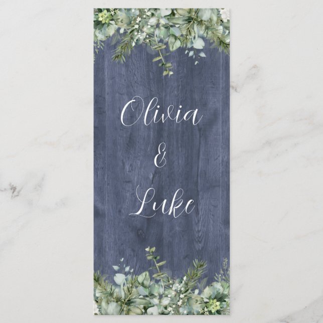 Menu Cardápio de Casamento Navy Wood Eucalyptus | Flora (Frente)