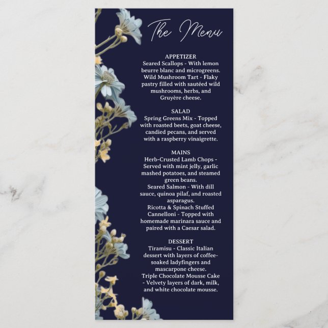 Menu Cardápio de casamento NavyFloral, Cardápio minimal (Frente)