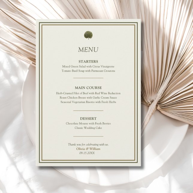 Menu Cardápio de Casamento Palma Marfim e Dourado (Ivory & Gold Palm wedding menu with personalized courses, names and date for an elegant reception)