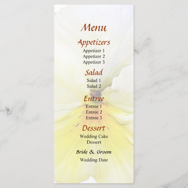Menu Cardápio de Casamento Pansy Amarelo Claro (Frente)
