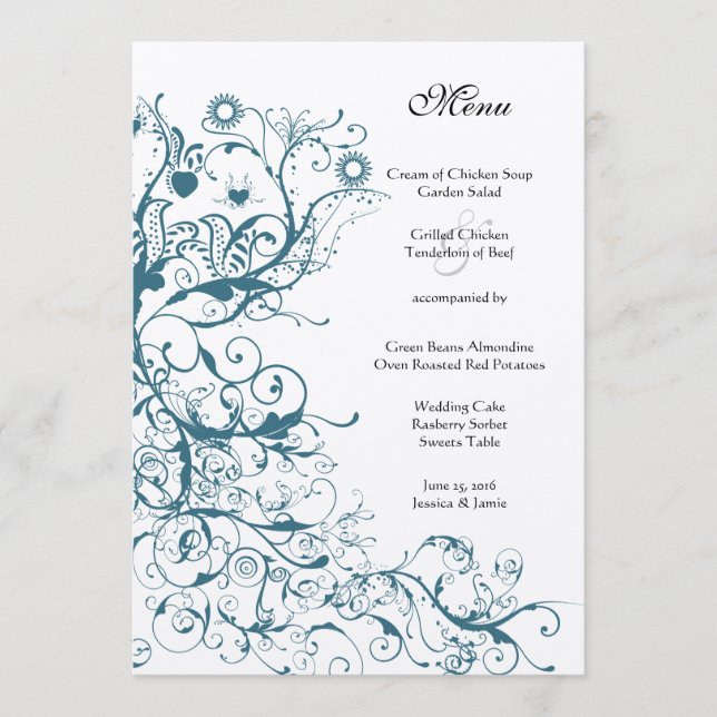 Menu Cardápio de Casamento Pássaros e Espirais Turquesa (Frente)