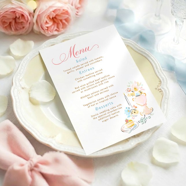 Menu Cardápio de Casamento Pastel Desenhado à Mão Capri (Whimsical Hand-drawn Menu Cards Pastel)