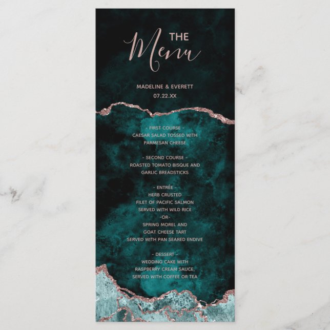 Menu Cardápio de Casamento Peacock Green Rose Gold Ágat (Frente)