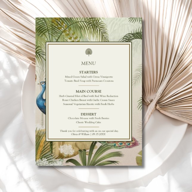 Menu Cardápio de Casamento Peacock Palm (Peacock Palm wedding menu with personalized courses, names and date for a tropical reception)