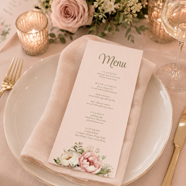 Menu Cardápio de Casamento Peônia Rosa Empoeirado (Dusty Blush Peony Wedding Menu)