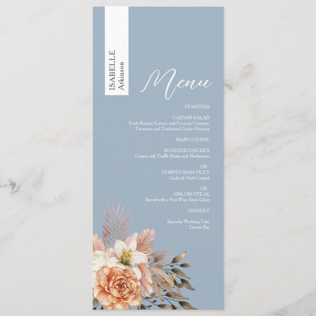 Menu Cardápio de Casamento Personalizado Dusty Blue com (Frente)