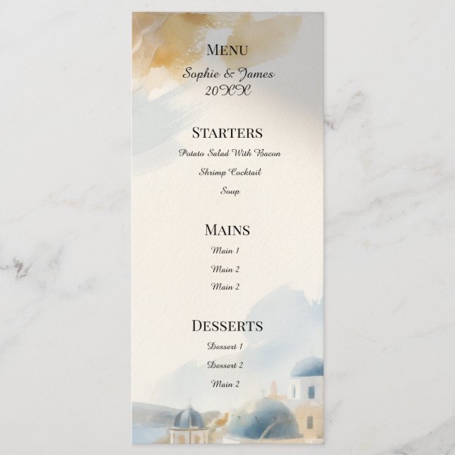 Menu Cardápio de Casamento Pôr do Sol em Santorini (Frente)