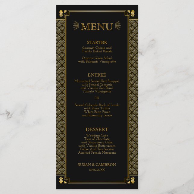 Menu Cardápio de Casamento Preto Dourado Art Déco Elega (Frente)