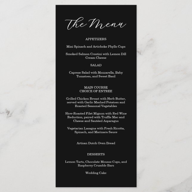 Menu Cardápio de Casamento Preto e Branco Elegante (Frente)