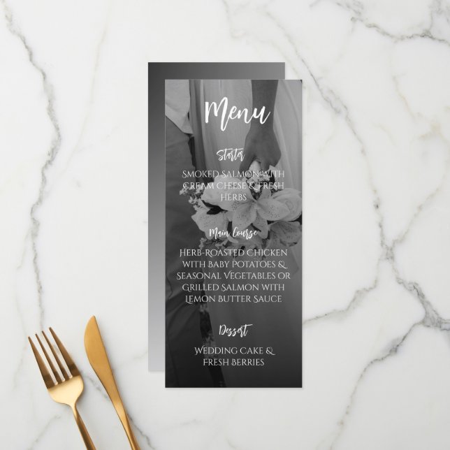 Menu Cardápio de Casamento Preto e Branco Elegante (Frente/Verso In Situ)