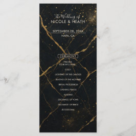 Menu Cardápio de Casamento Preto e Dourado de Mármore d