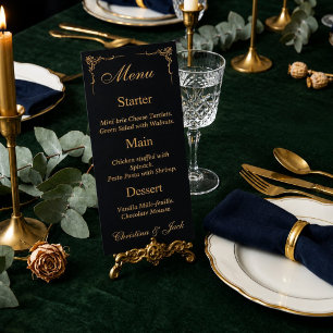 Menu Cardápio de Casamento Preto e Dourado Elegante