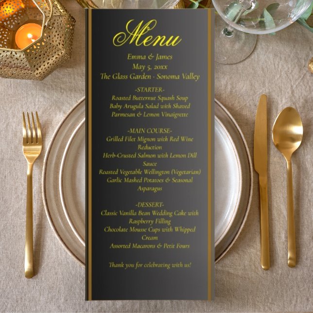 Menu Cardápio de Casamento Preto e Dourado Elegante (Criador carregado)
