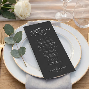 Menu Cardápio de Casamento Preto Elegante Caligráfico