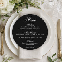 Cardápio de Casamento Preto Redondo com Caligrafia