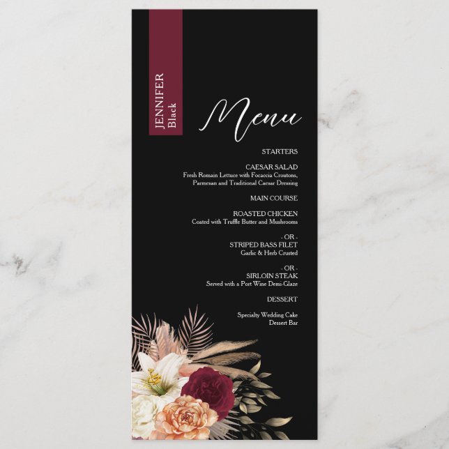 Menu Cardápio de Casamento Preto Sombrio com Nome do Co (Frente)