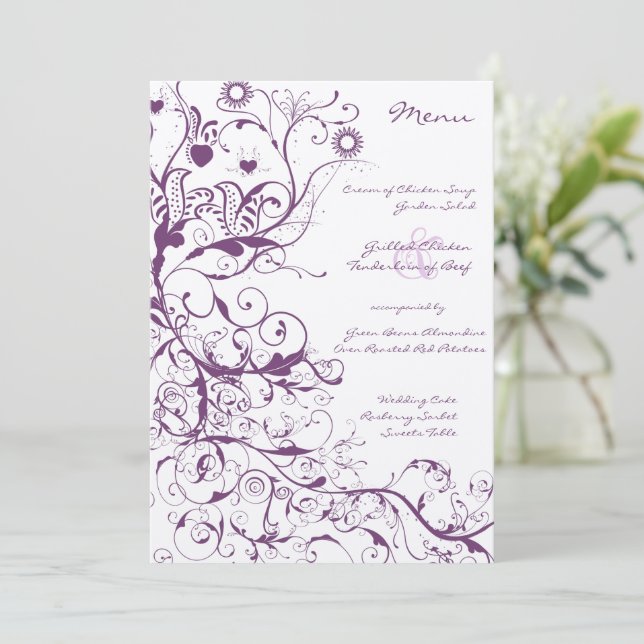 Menu Cardápio de Casamento Purple Birds e Swirls (Em pé/Frente)