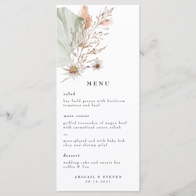Menu Cardápio de Casamento Romântico Boêmio com Grama d (Frente)