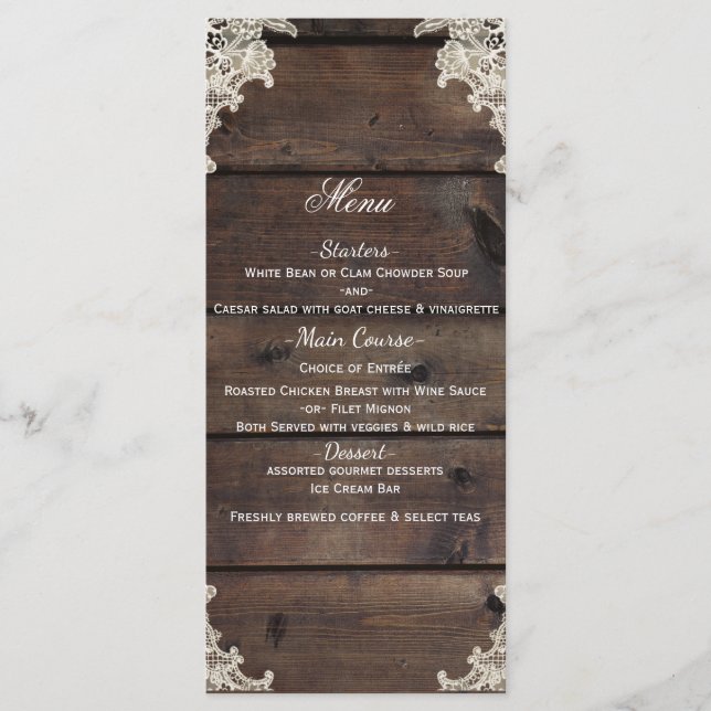 Menu Cardápio de Casamento Romântico do Rustic Wood & L (Frente)