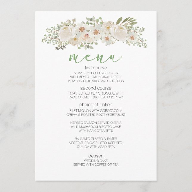 Menu Cardápio de casamento romântico floral branco eleg (Frente)