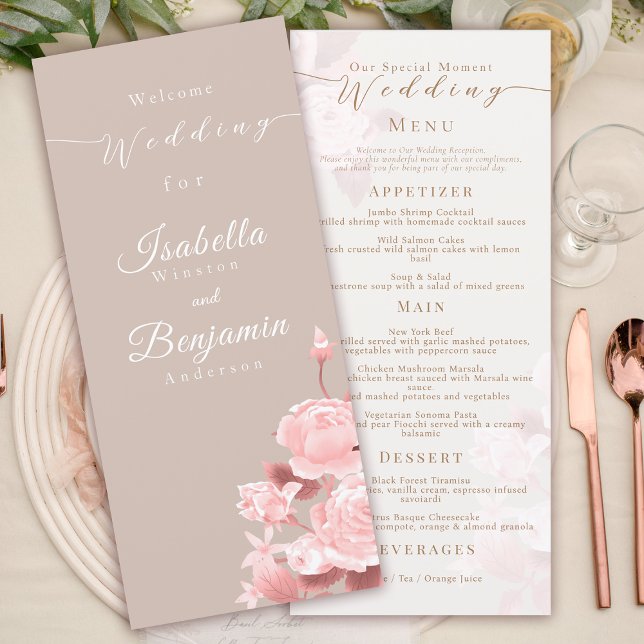 Menu Cardápio de Casamento Rosa Chic Elegante (Elegant Chic Rose Wedding Menu.)