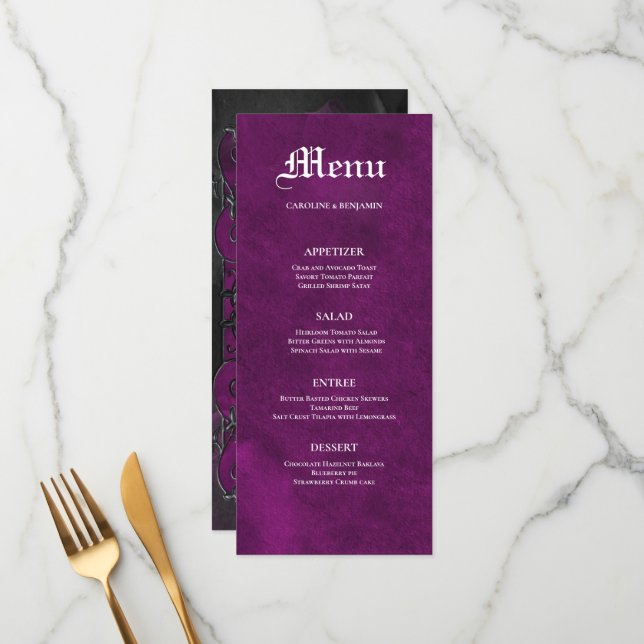 Menu Cardápio de casamento roxo gótico elegante de hall (Frente/Verso In Situ)