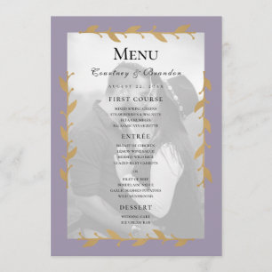 Menu Cardápio de Casamento Roxo Moderno com Folhas Dour