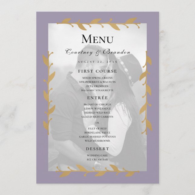 Menu Cardápio de Casamento Roxo Moderno com Folhas Dour (Frente)