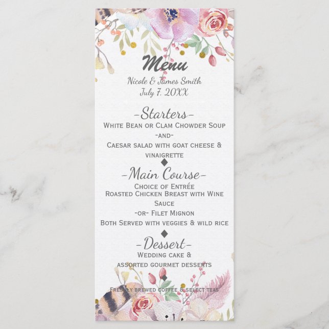 Menu Cardápio de Casamento Rústico Country com Flores e (Frente)