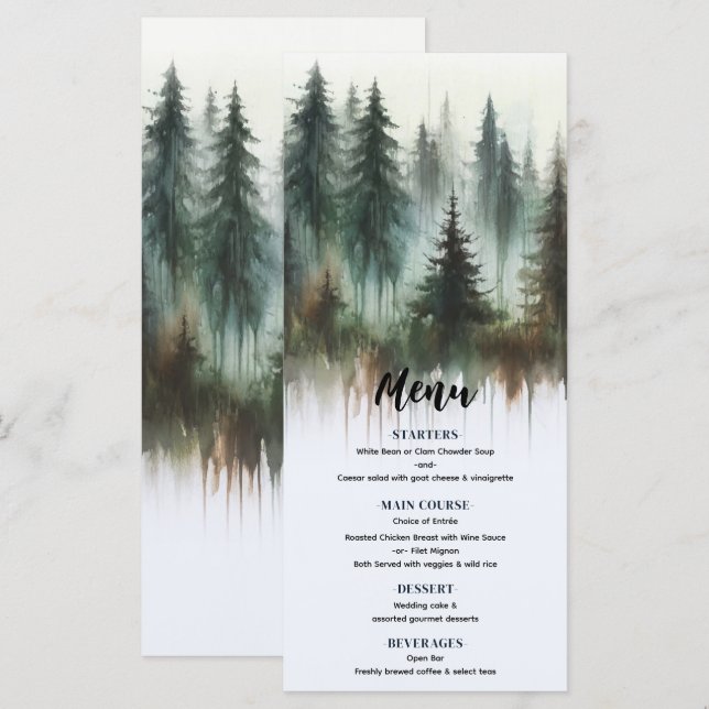 Menu Cardápio de Casamento Rústico de Árvores em Aquare (Frente/Verso)