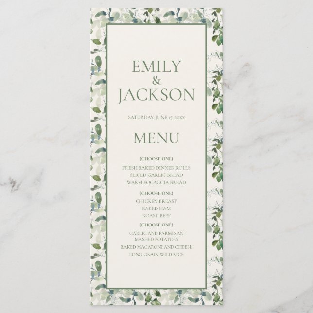 Menu Cardápio de Casamento Sage Moss Verde Folhas Creme (Frente)