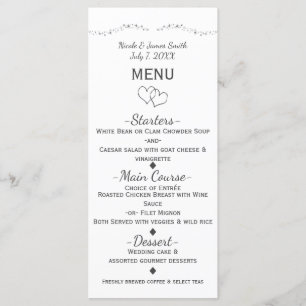 Menu Cardápio de Casamento Silver Hearts & Sparkle Glam