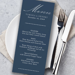 Menu Cardápio de Casamento Simples Caligrafia Azul-Mari