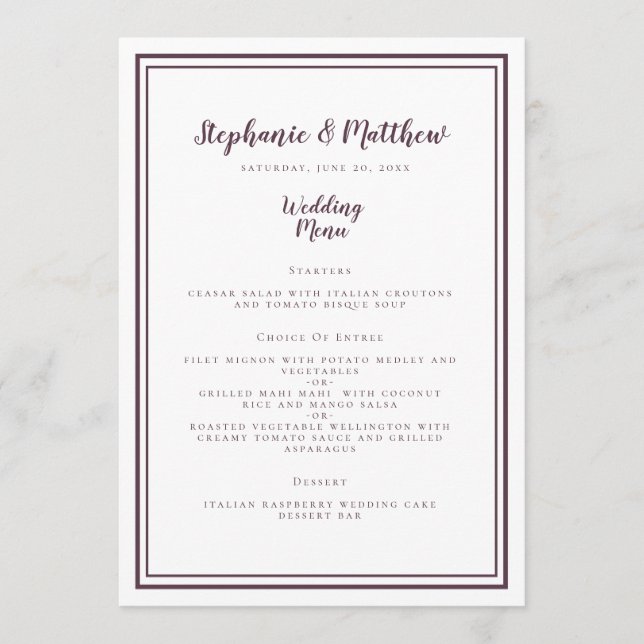 Menu Cardápio de Casamento Simples com Moldura Roxa Mod (Frente)
