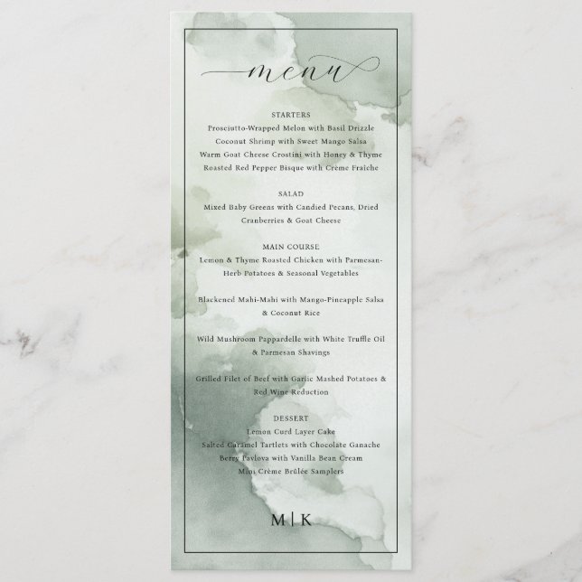 Menu Cardápio de Casamento Sofisticado em Aquarela Verd (Frente)