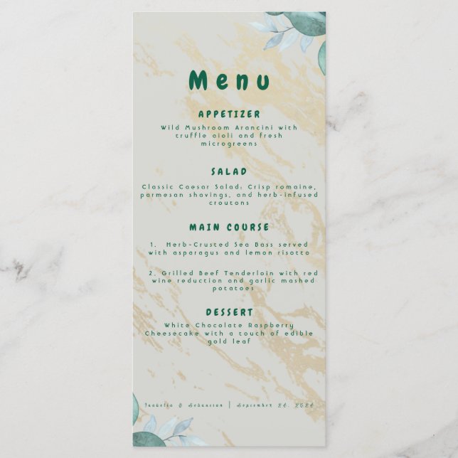 Menu Cardápio de Casamento Sofisticado Verde Sage e Dou (Frente)