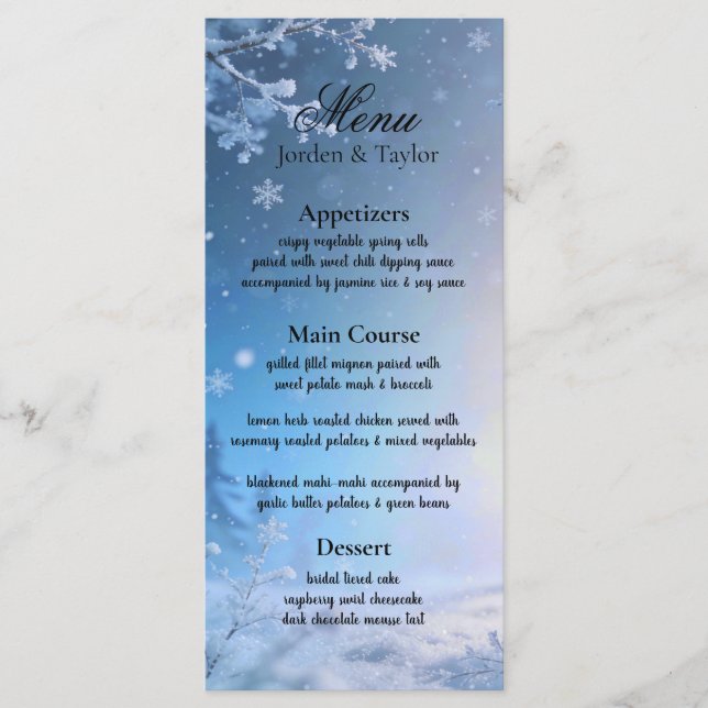 Menu Cardápio de Casamento Soft Winter Daydream (Frente)