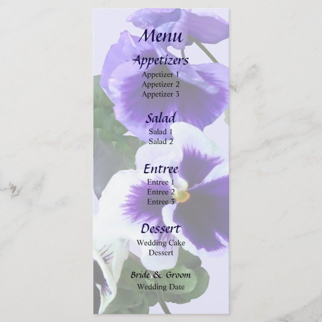 Menu Cardápio de Casamento Três Violetas Roxas em uma L (Frente)