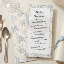 Cardápio de casamento tropical costeiro em azul po
