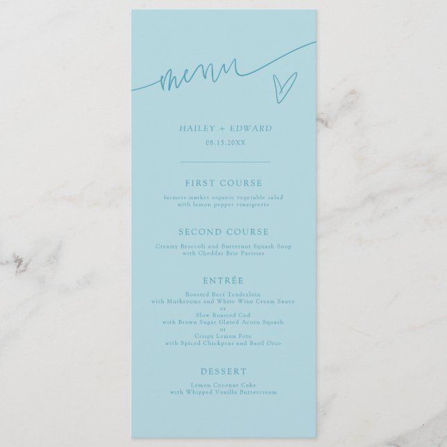 Menu Cardápio de Casamento Turquesa Script Moderno (Frente)