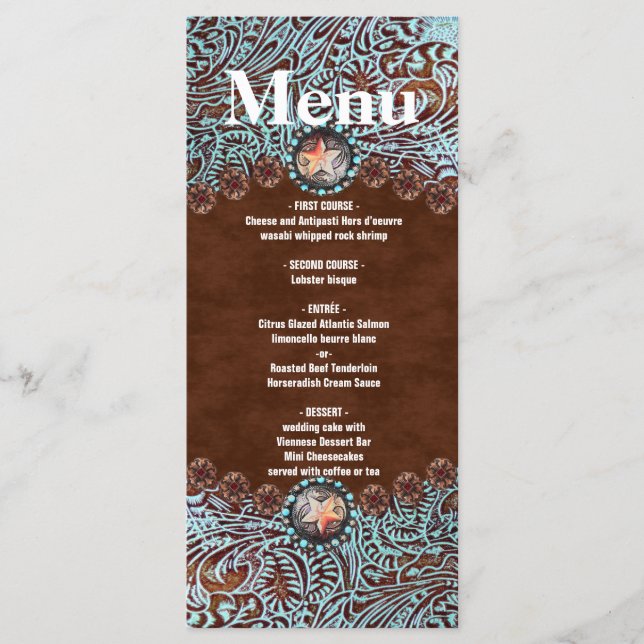 Menu cardápio de casamento Turquoise Brown cowboy Oeste (Frente)